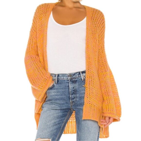 Free People Home Town Cardi Open Knit Yellow Combo Wool Alpaca Acrylic Blend New - Picture 3 of 6